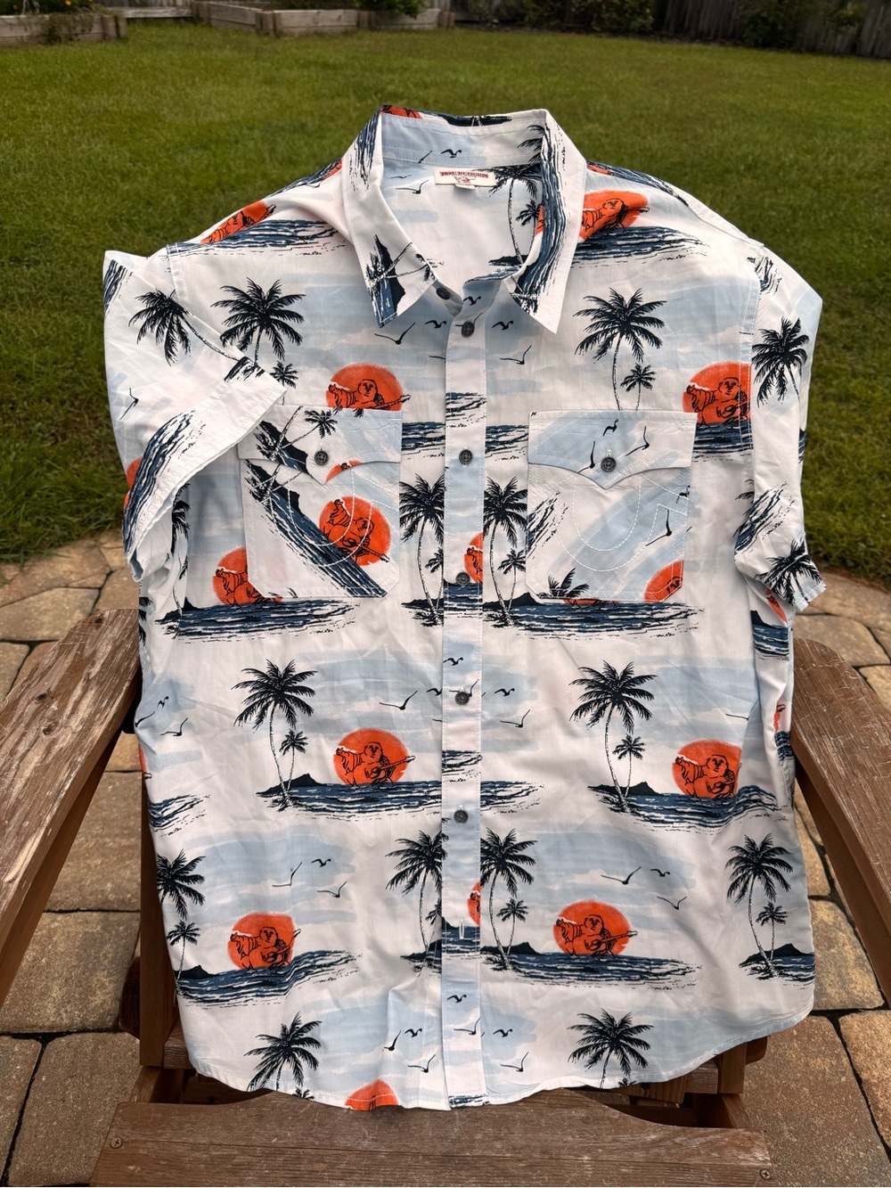 Men's True ReligionTropical Print Short-Sleeve Shirt - White with Orange Accents